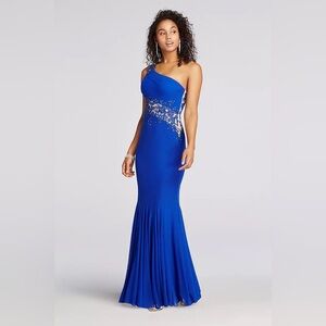 Xscape One Shoulder Formal Prom Gown Nude Sheer Mesh Floral Appliqué Royal Blue